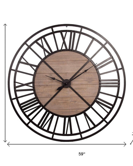 59" Black And Brown Metal and Solid Wood Skeleton Circle Wall Clock