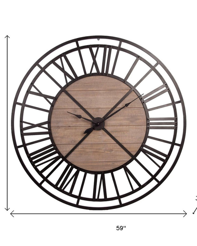 59" Black And Brown Metal and Solid Wood Skeleton Circle Wall Clock