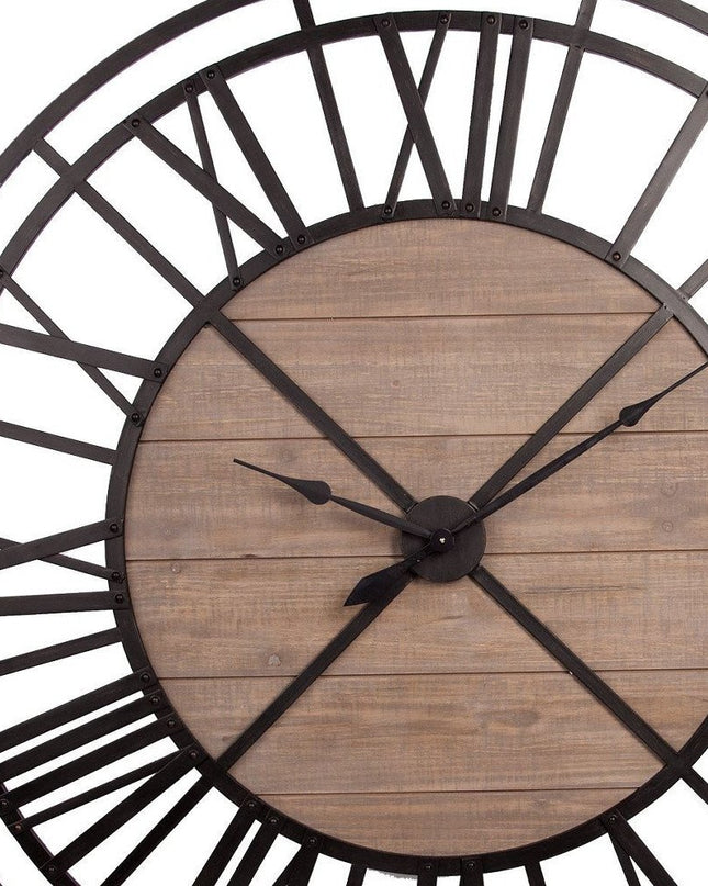 59" Black And Brown Metal and Solid Wood Skeleton Circle Wall Clock