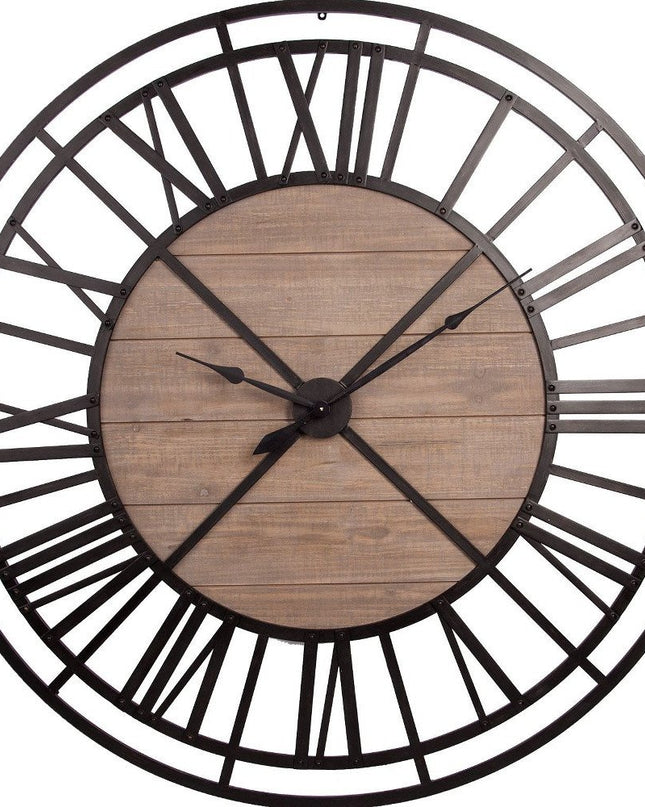 59" Black And Brown Metal and Solid Wood Skeleton Circle Wall Clock