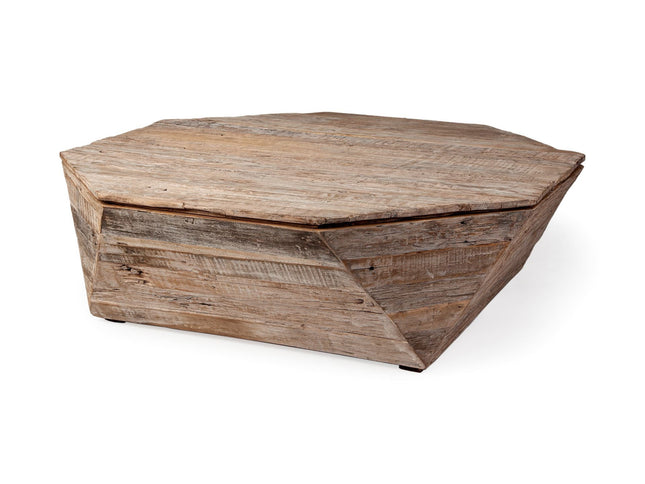 49" Natural Wood Octagon Distressed Lift Top Abstract Coffee Table