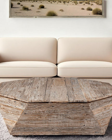 49" Natural Wood Octagon Distressed Lift Top Abstract Coffee Table