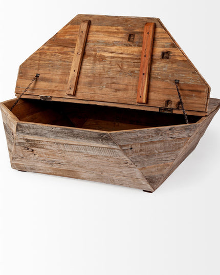 49" Natural Wood Octagon Distressed Lift Top Abstract Coffee Table