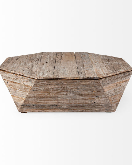 49" Natural Wood Octagon Distressed Lift Top Abstract Coffee Table