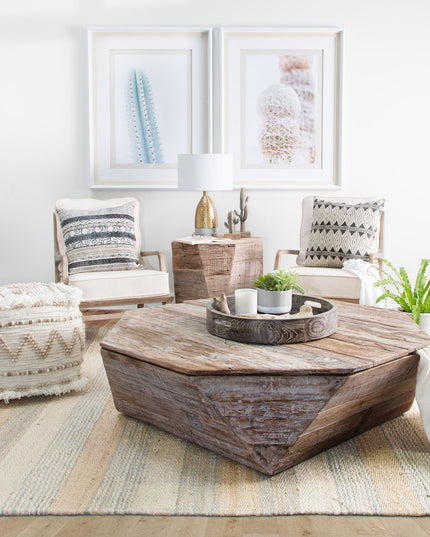 49" Natural Wood Octagon Distressed Lift Top Abstract Coffee Table