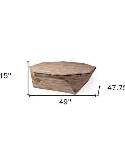 49" Natural Wood Octagon Distressed Lift Top Abstract Coffee Table