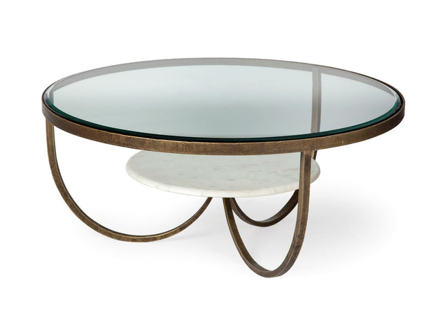 36" Brown and Gold Wood and Metal Round Coffee Table With Shelf