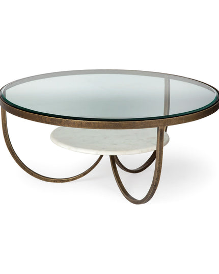 36" Brown and Gold Wood and Metal Round Coffee Table With Shelf