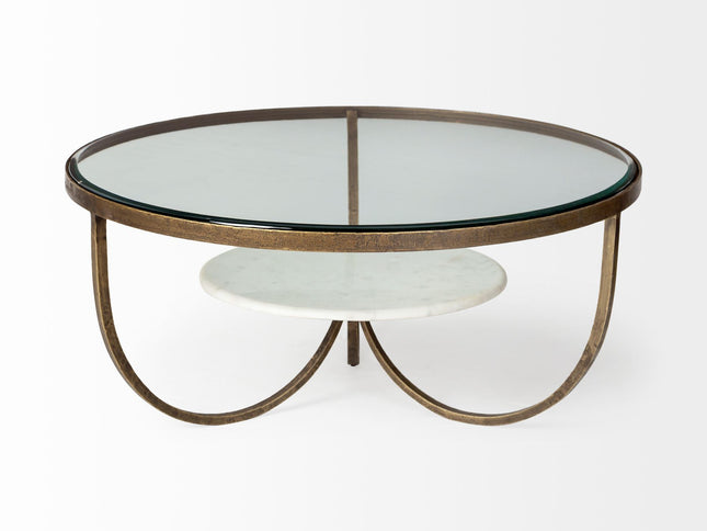 36" Brown and Gold Wood and Metal Round Coffee Table With Shelf