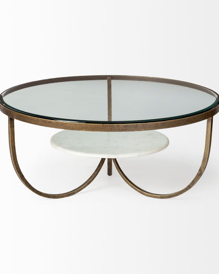 36" Brown and Gold Wood and Metal Round Coffee Table With Shelf