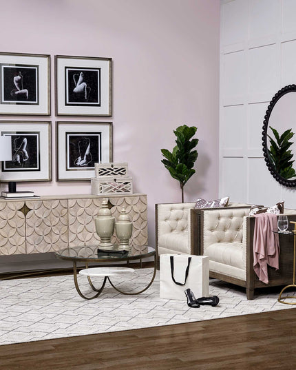 36" Brown and Gold Wood and Metal Round Coffee Table With Shelf