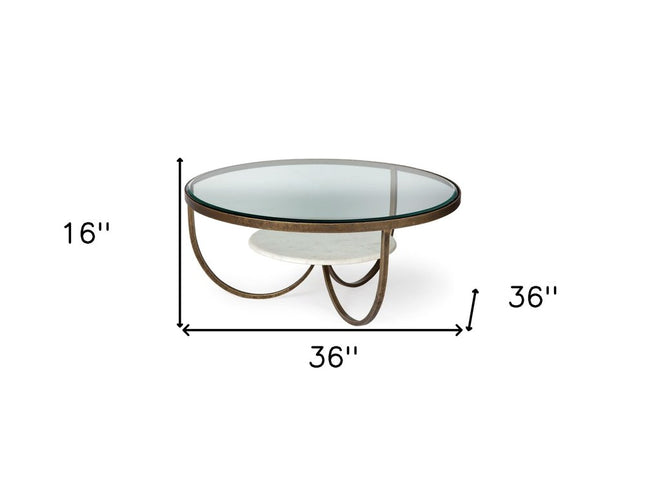 36" Brown and Gold Wood and Metal Round Coffee Table With Shelf