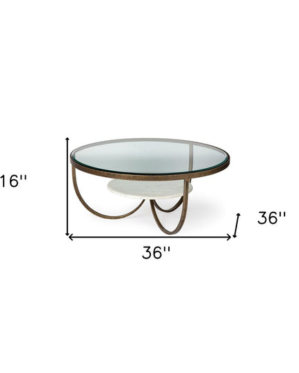 36" Brown and Gold Wood and Metal Round Coffee Table With Shelf