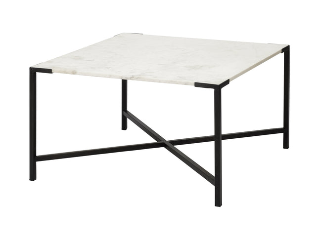 30" Black And White Genuine Marble and Metal Square Cross Legs Coffee Table