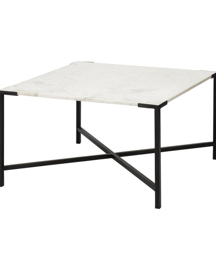 30" Black And White Genuine Marble and Metal Square Cross Legs Coffee Table