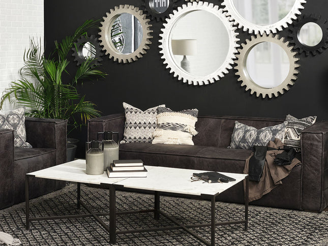 30" Black And White Genuine Marble and Metal Square Cross Legs Coffee Table