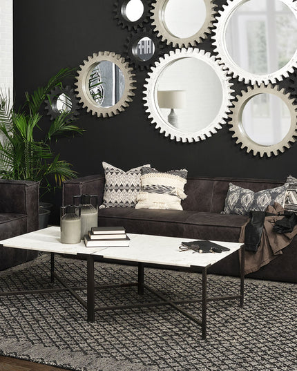 30" Black And White Genuine Marble and Metal Square Cross Legs Coffee Table