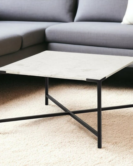 30" Black And White Genuine Marble and Metal Square Cross Legs Coffee Table