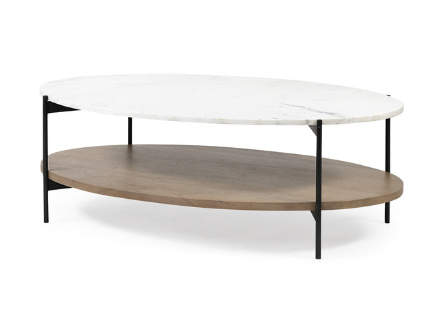 48" Brown and Black Genuine Marble and Metal Oval Coffee Table With Shelf