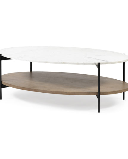 48" Brown and Black Genuine Marble and Metal Oval Coffee Table With Shelf