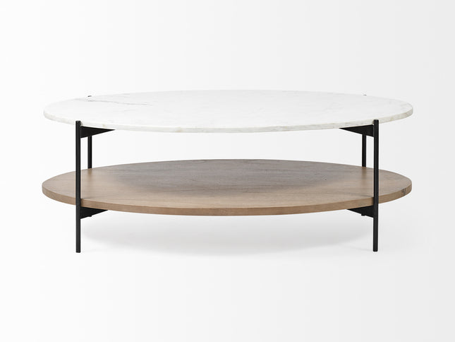 48" Brown and Black Genuine Marble and Metal Oval Coffee Table With Shelf