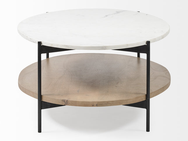 48" Brown and Black Genuine Marble and Metal Oval Coffee Table With Shelf