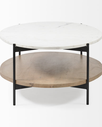 48" Brown and Black Genuine Marble and Metal Oval Coffee Table With Shelf