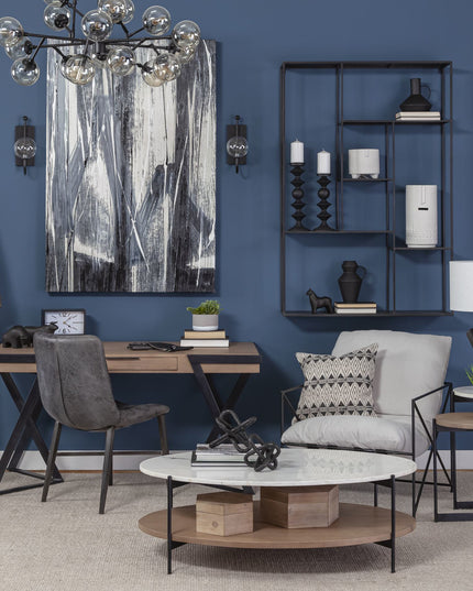 48" Brown and Black Genuine Marble and Metal Oval Coffee Table With Shelf