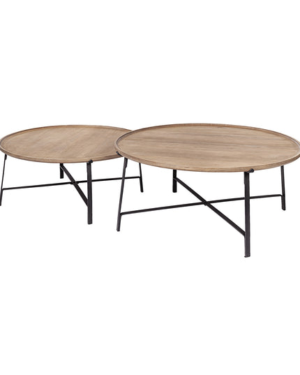 Set of Two Brown and Black Solid Wood and Iron Round Nested Coffee Tables