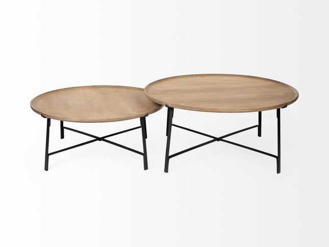 Set of Two Brown and Black Solid Wood and Iron Round Nested Coffee Tables