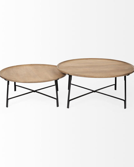 Set of Two Brown and Black Solid Wood and Iron Round Nested Coffee Tables