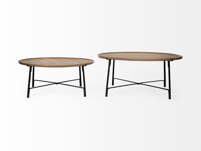 Set of Two Brown and Black Solid Wood and Iron Round Nested Coffee Tables