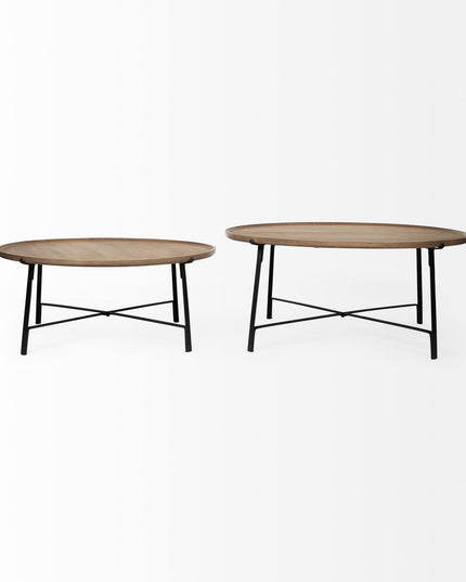 Set of Two Brown and Black Solid Wood and Iron Round Nested Coffee Tables