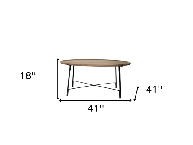 Set of Two Brown and Black Solid Wood and Iron Round Nested Coffee Tables