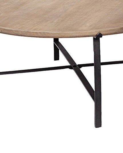 Set of Two Brown and Black Solid Wood and Iron Round Nested Coffee Tables