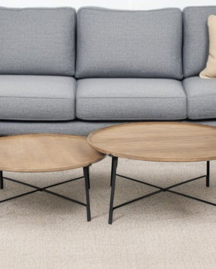 Set of Two Brown and Black Solid Wood and Iron Round Nested Coffee Tables