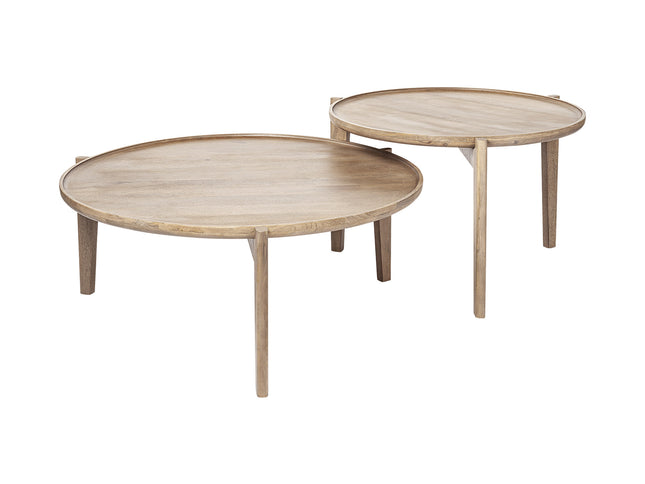 Set of Two Brown Solid Wood Round Nested Coffee Tables