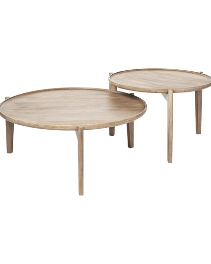 Set of Two Brown Solid Wood Round Nested Coffee Tables