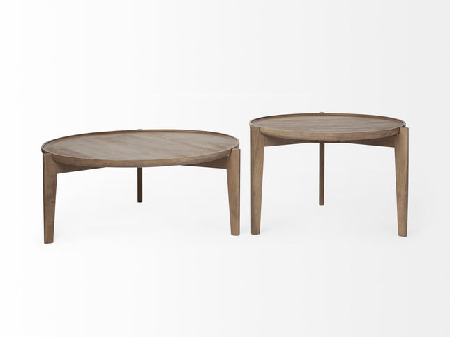 Set of Two Brown Solid Wood Round Nested Coffee Tables