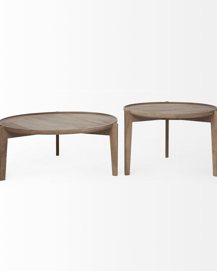 Set of Two Brown Solid Wood Round Nested Coffee Tables