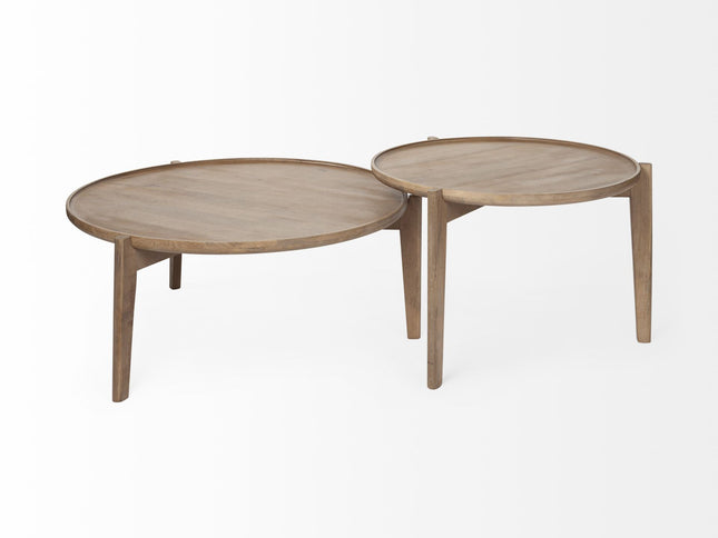 Set of Two Brown Solid Wood Round Nested Coffee Tables