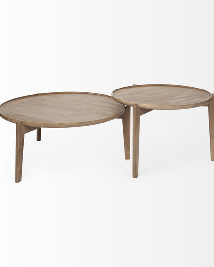 Set of Two Brown Solid Wood Round Nested Coffee Tables