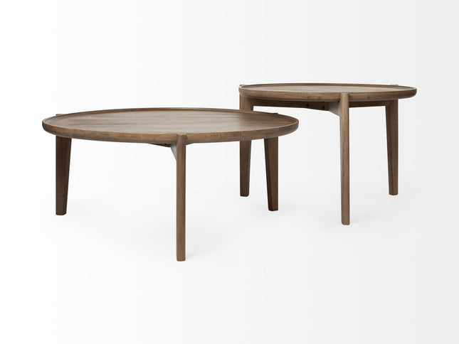 Set of Two Brown Solid Wood Round Nested Coffee Tables