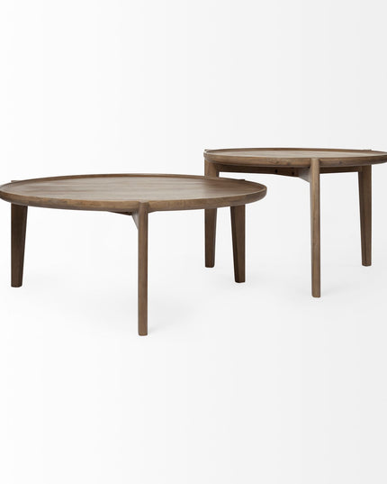 Set of Two Brown Solid Wood Round Nested Coffee Tables