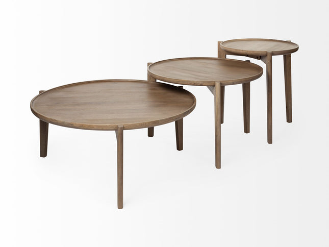 Set of Two Brown Solid Wood Round Nested Coffee Tables