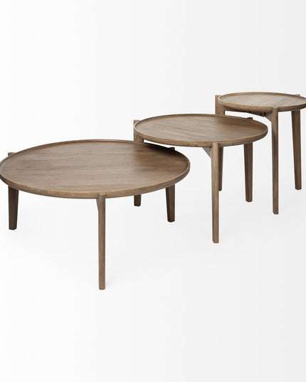 Set of Two Brown Solid Wood Round Nested Coffee Tables