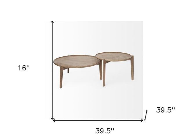 Set of Two Brown Solid Wood Round Nested Coffee Tables