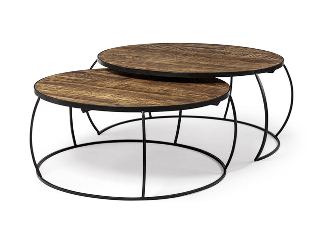 Brown and Black Wood and Metal Round Nested Coffee Tables