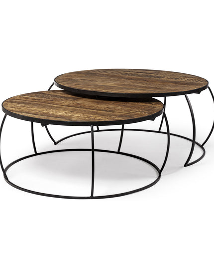 Brown and Black Wood and Metal Round Nested Coffee Tables