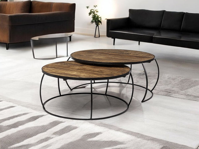 Brown and Black Wood and Metal Round Nested Coffee Tables